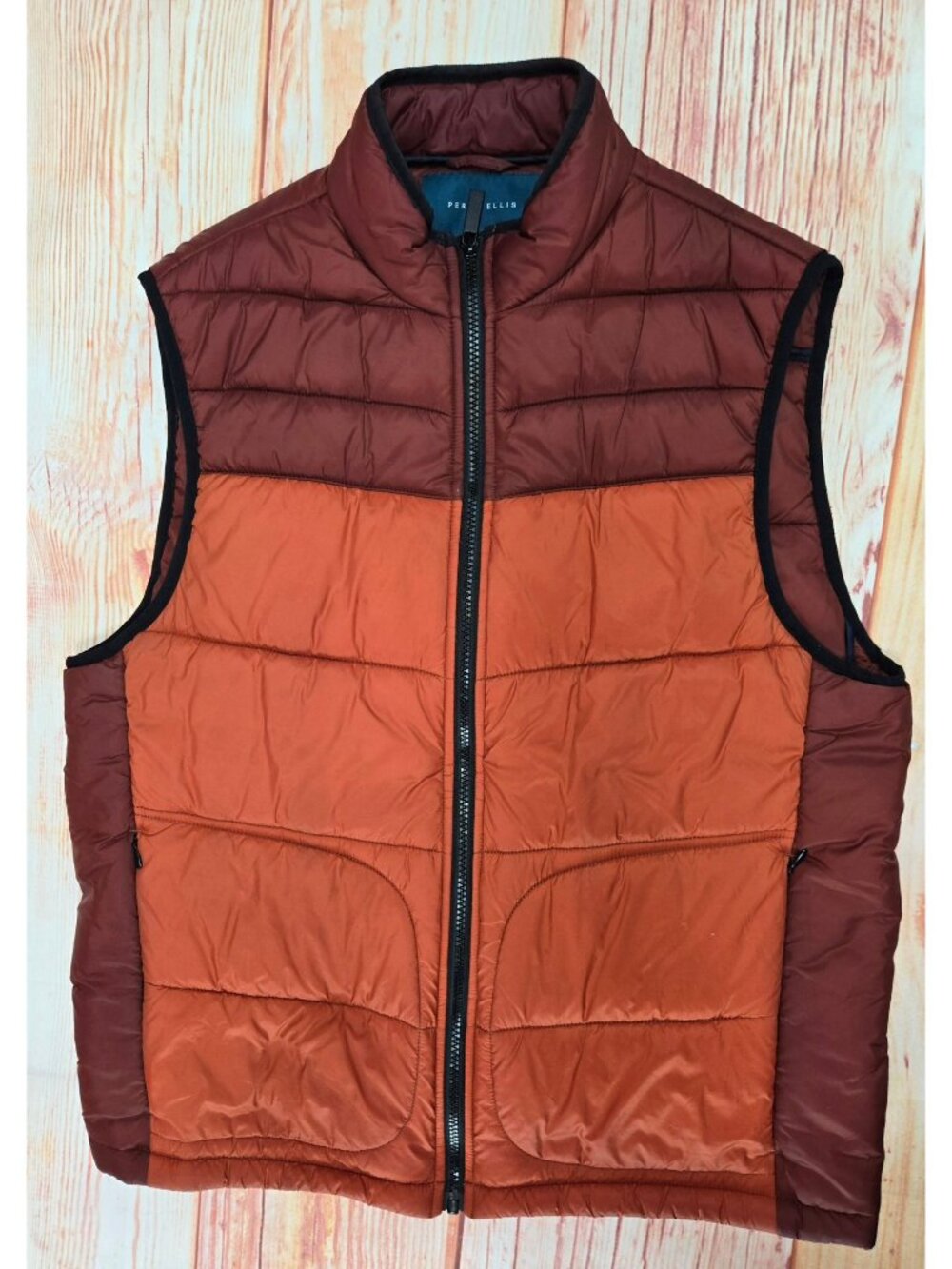 Perry Ellis Two Tone Puffer Vest Size Medium Rust Orange Brown Quilted Zip - Picture 4 of 8